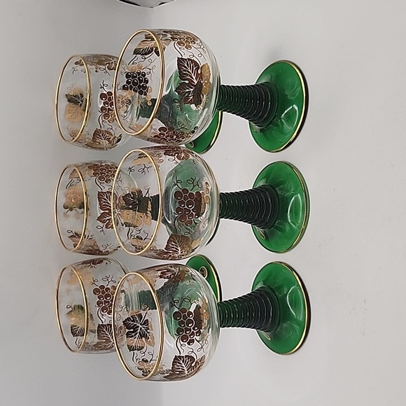 Vintage Bockling Green Stem Glass Goblets w/ Grapes & Leaves in Gold 6 Count - Picture 2 of 12